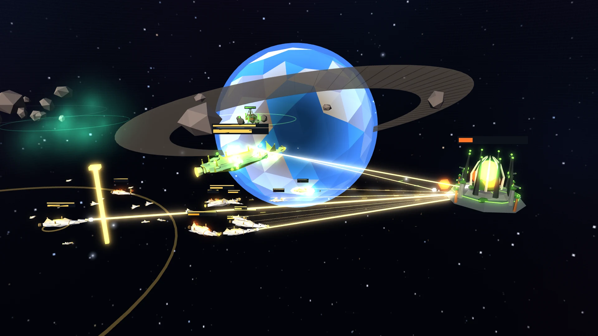 Lumen beams converging on a Blight command station